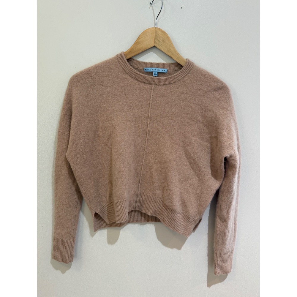Antonio Melani 100%Cashmere Sweater Womens XS Tan Cropped Crew Neck Seam Detail
